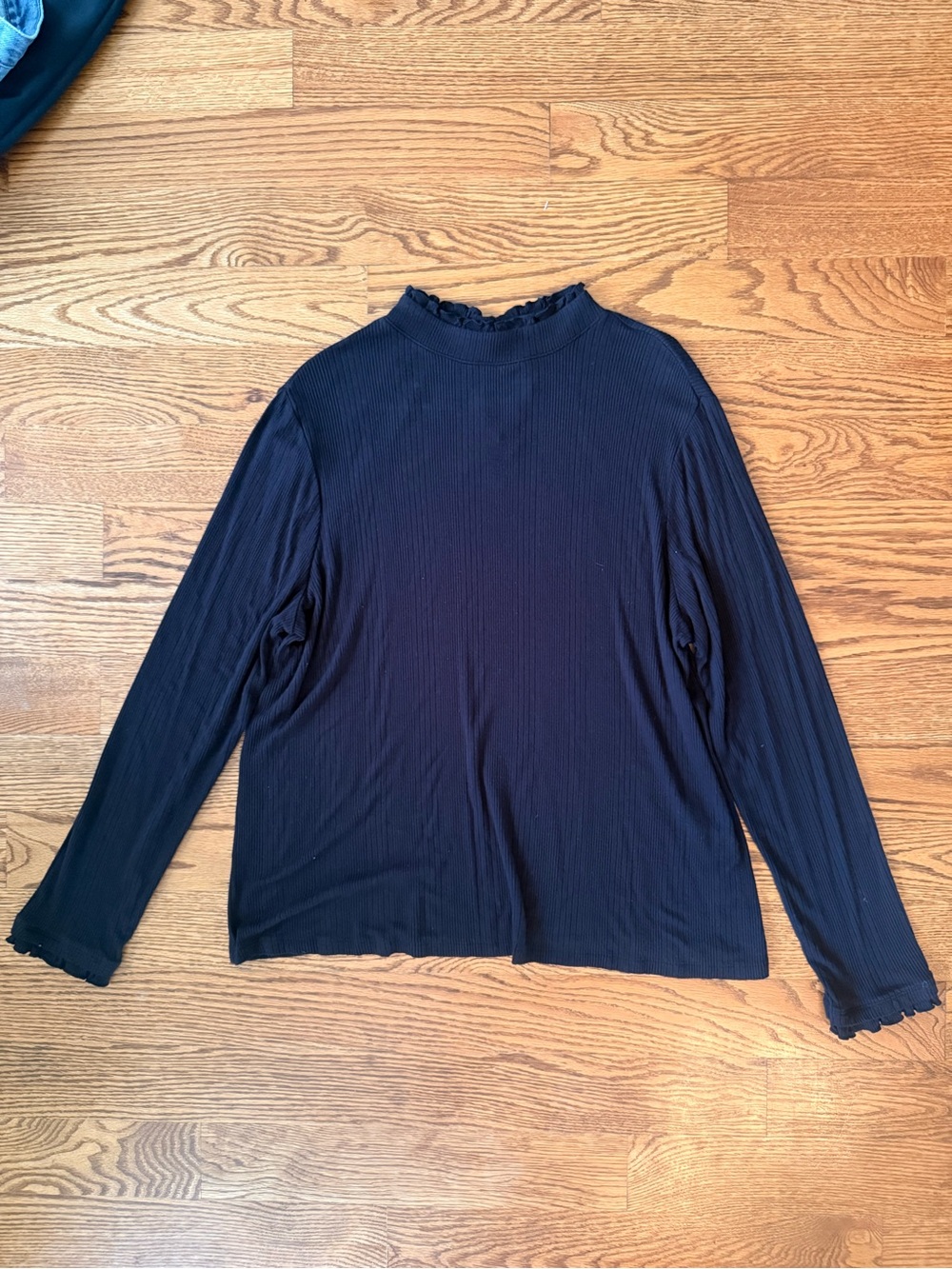 Elle Black Ribbed Mock Neck Ruffle Trim Top Long Sleeve